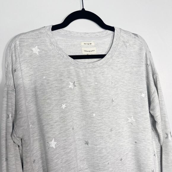 New Thread & Supply XS Gray Silver Star Print Crew Neck Pullover Top Side Split - Picture 3 of 10